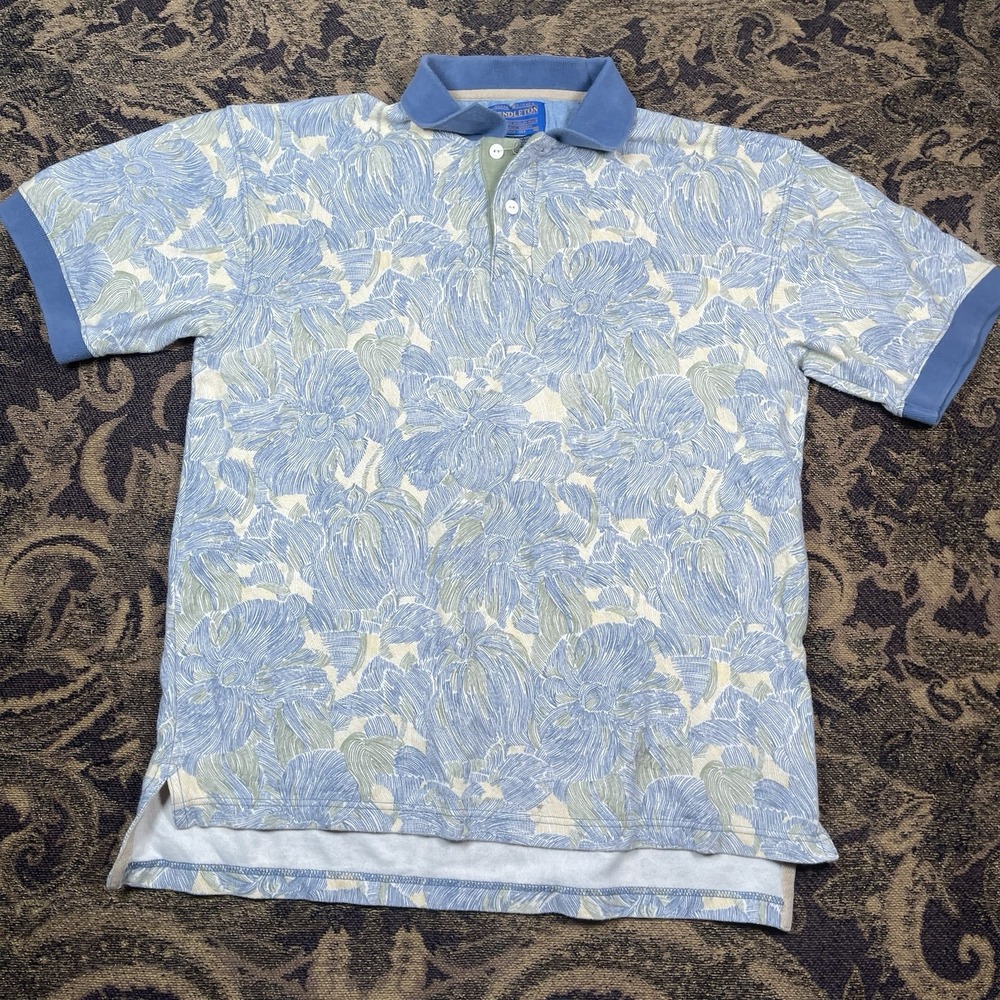 Vintage Pendleton Men's Medium Hawaiian Floral Print Polo Shirt 2-Button Blue